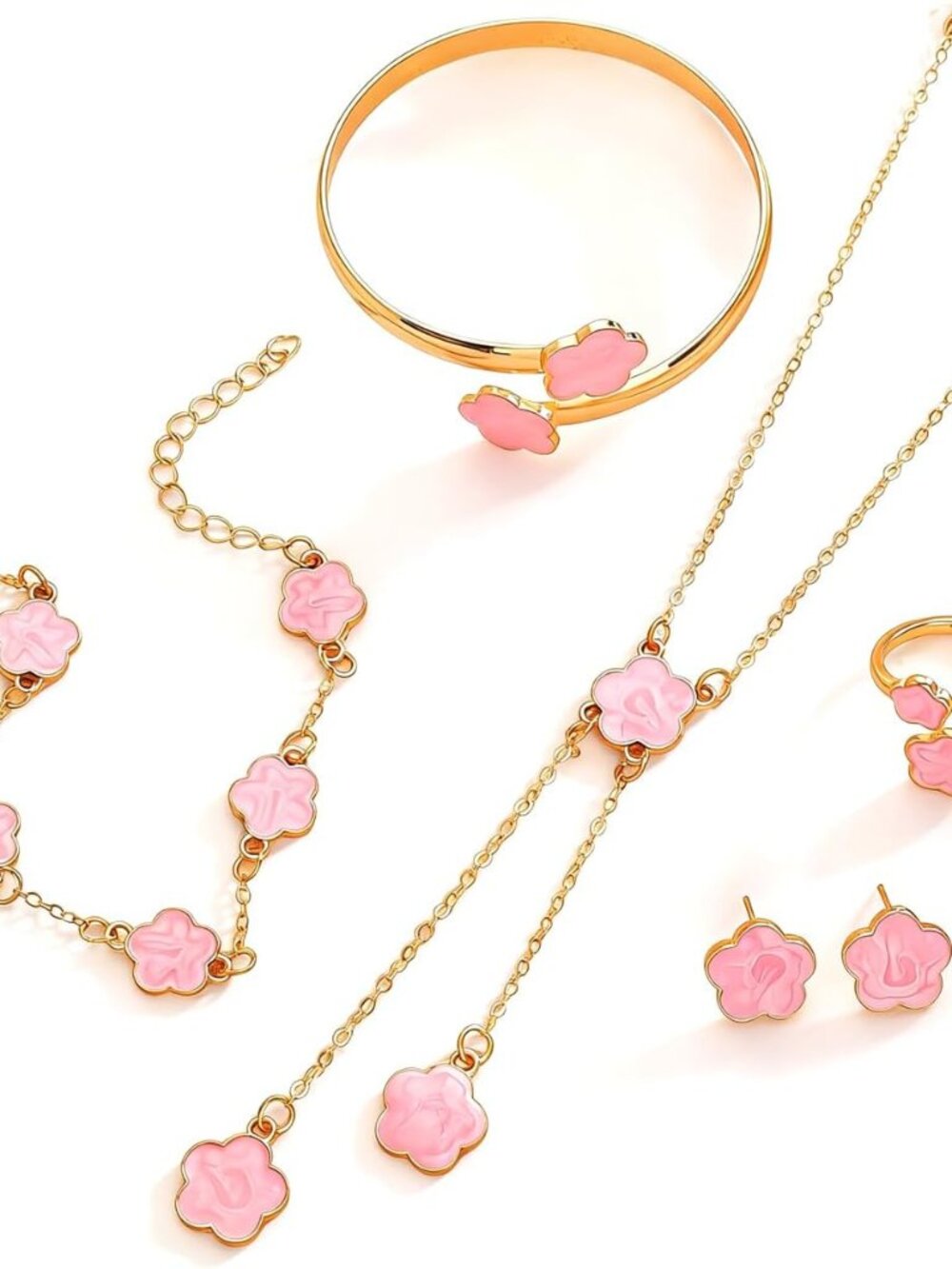 Lucky Clover Jewelry Set for Women Elegant Flower Pendant Necklace, Earrings, Ri